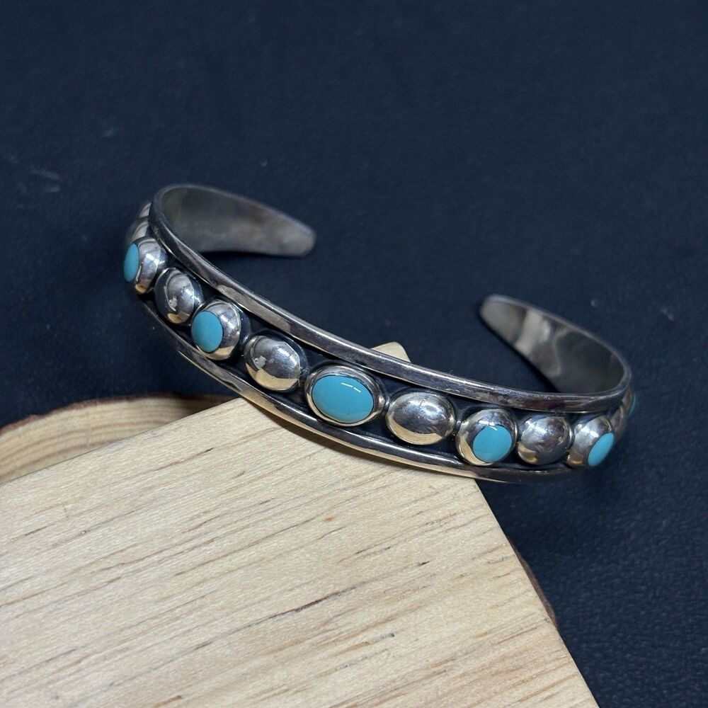 Mexico 925 Sterling Silver Turquoise Dot Cuff Bracelet Southwest 12g